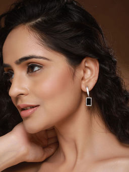 Saraf RS Jewellery - Anti-Tarnish Silver Plated Black J Shaped Square Shaped Minimal Earring