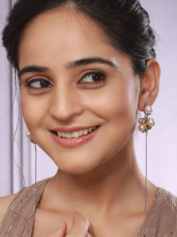 Saraf RS Jewellery - Anti Tarnish Pearl Bunch Designer Long Chain Drop Studs White Earring
