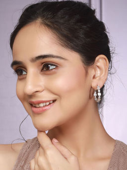 Saraf RS Jewellery - Anti Tarnish Rhodium Plated Faux Pearl AD Studded Hoop Bali Earring