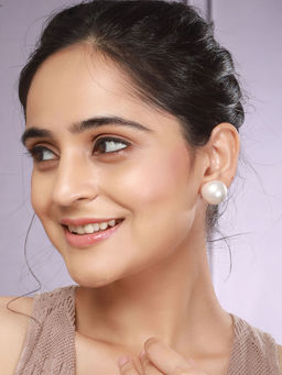 Saraf RS Jewellery - Anti Tarnish Rhodium Toned Button Pearls of 20mm Daily Wear Studs White Earring