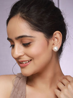 Saraf RS Jewellery - Anti Tarnish Rhodium Toned Button Pearls of 16mm Daily Wear Studs White Earring