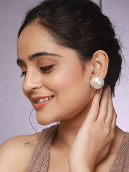 Saraf RS Jewellery - Anti Tarnish Rhodium Toned 26 mm Round Button Pearls Large Studs White Earring