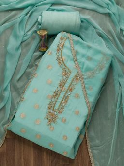 Koskii - Sky Blue Zariwork Semi Crepe Unstitched Salwar Suit (Set of Three)