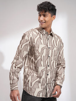 HIGHLANDER - Men Beige Dobby Textured Cut Jacquard Casual Overshirt