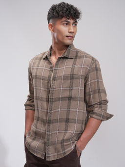 HIGHLANDER - Men Beige Dobby Checks Relax Shirt