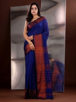 CHARUKRITI - Royal Blue Cotton Blend Zari Handwoven Saree with Unstitched Blouse