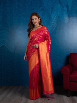 Beatitude - Pink Orange Ethnic Motifs Zari Silk Blend Banarasi Saree with Unstitched Blouse
