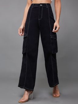 Miss Chase - Women's Black Wide-Leg High-Rise Stretchable Patch-Pocketed Denim Jeans