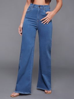 Miss Chase - Women's Mid Blue Wide High Rise Stretchable Denim Jeans