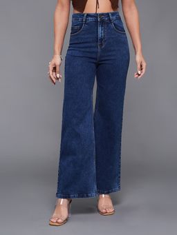 Miss Chase - Women's Mid Blue Wide High Rise Stretchable Denim Jeans