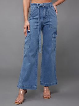 Miss Chase - Womens Mid Blue Wide High Rise Stretchable Cargo Denim Jeans