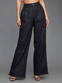 Miss Chase - Women's Black Straight-Fit High-Rise Light Weight Denim Parachute Pants