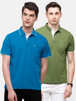 Classic Polo - Men Solid Blue & Green Cotton Blend Regular Fit Polo T-Shirts (Pack of 2)