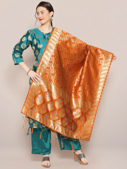 Dupatta Bazaar - Womens Rust Banarasi Silk Dupatta with floral Motif design