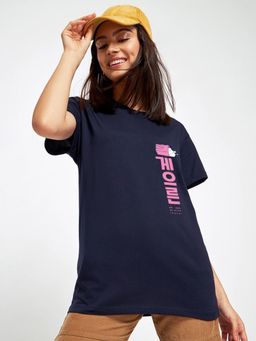 Bewakoof - Women's Blue Serial Chiller Graphic Printed Boyfriend T-shirt