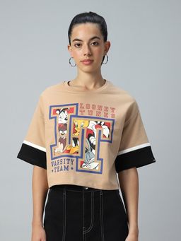 Bewakoof - Heavy Duty 1.0 Looney Tunes Women's Brown Varsity Team Graphic Printed Oversized Short Top
