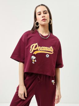 Bewakoof - Heavy Duty 1.0 Women's Maroon Peanuts Graphic Printed Oversized Short Top