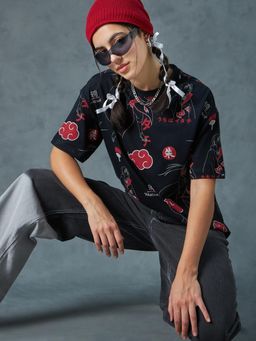 Bewakoof - Official Naruto Women's Black All Over Printed Oversized T-shirt