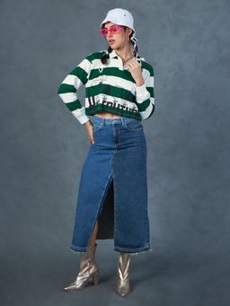 Bewakoof - Official Peanuts Women's White & Green Shell Striped Oversized Polo Short Top