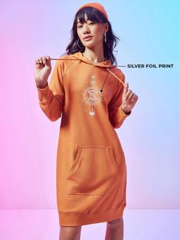 Bewakoof - Women's Orange Welcome Home Graphic Printed Hoodie Dress