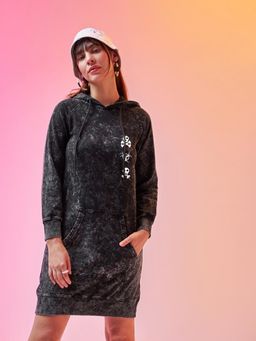 Bewakoof - Women's Black Toxic Graphic Printed Acid Wash Hoodie Dress