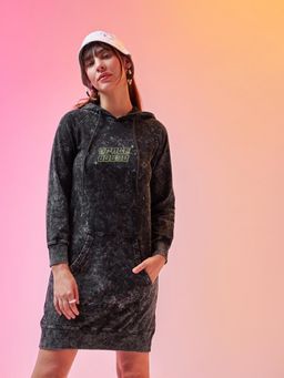 Bewakoof - Women's Black Space Bound Graphic Printed Acid Wash Hoodie Dress