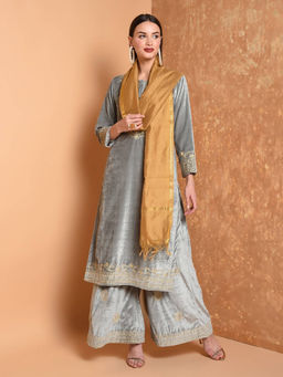 Kaanchie Nanggia - Grey Embroidered Velvet Kurta Palazzo Dupatta (Set of 3)