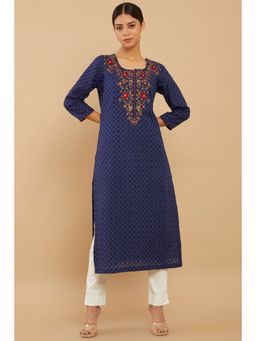 Soch - Women Navy Blue Cotton Embroidered Kurta