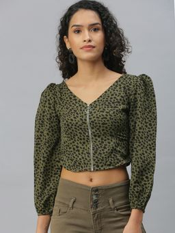 SHOWOFF - Women V-Neck Animal Olive Regular Top