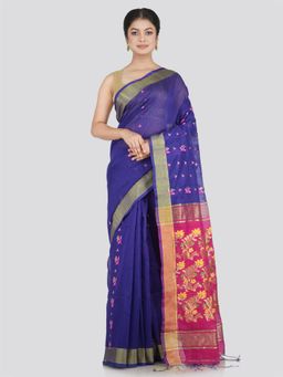 PinkLoom - Women's Cotton Blend Saree with Unstitched Blouse Piece, Blue