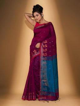 Beatitude - Magenta Cotton Woven Saree with Unstitched Blouse