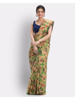 Angoshobha - Beige Handloom Printed Cotton Blend Saree with Unstitched