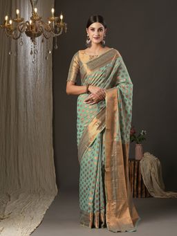 Akhilam - Womens Silk Blend Sea Green Woven Design Designer Saree with Unstitched Blouse