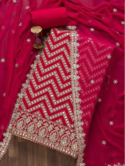 Koskii - Rani Pink Mirrorwork Semi Crepe Unstitched Salwar Suit (Set of Three)