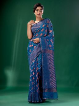 CHARUKRITI - Royal Blue Cotton Silk Handwoven Soft Jamdani Saree without Blouse