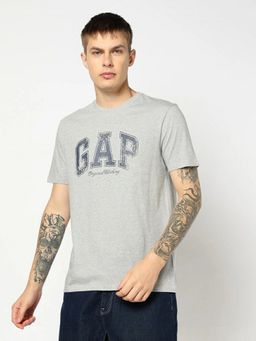 GAP - Men Grey Logo Text Printed Half Sleeves T-shirt
