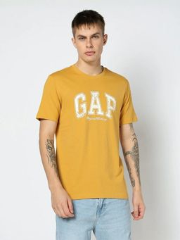 GAP - Men Mustard Logo Text Printed Half Sleeves T-shirt