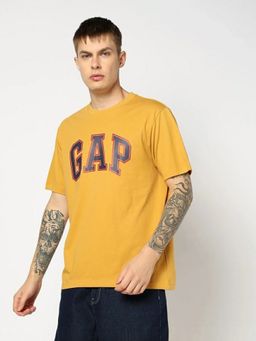 GAP - Men Mustard Logo Text Printed Half Sleeves T-shirt