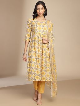 Shaily - Yellow Cotton Blend Ethnic Motif Printed Flared Kurta Pant with Dupatta (Set of 3)