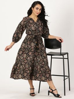 Saffron Threads - Black Ethnic Floral Print Boho Midi Dress Belt (Set of 2)