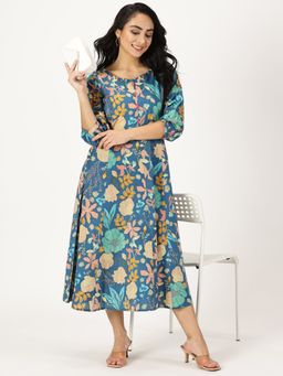 Saffron Threads - Blue Tropical Print Boho Midi Dress
