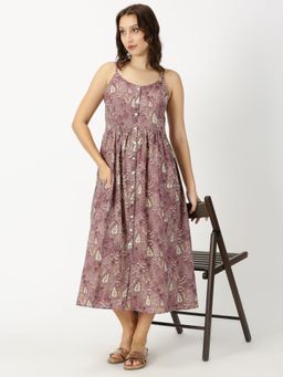 Saffron Threads - Mauve Leaf Print Strappy Midi Dress