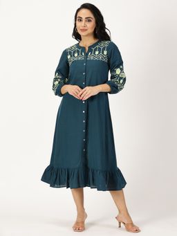 Saffron Threads - Teal Boho Midi Dress with Embroidered Details