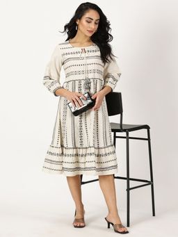 Saffron Threads - Off White Embroidered Boho Midi Dress