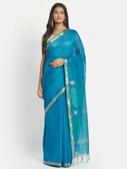 Fabindia - Blue Cotton Silk Maheshwari Woven Saree without Blouse