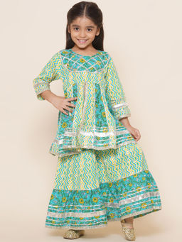 AJ Dezines - Kids Cotton Anarkali Kurta Sharara Girls - Green (Set of 2)