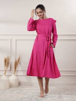 Jhambthread - Women Rayon Pink Midi Dress