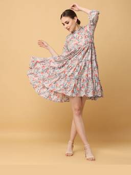 Jhambthread - Women Beige Printed Rayon Dress