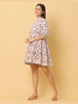 Jhambthread - Women Cream Printed Polyester Dress