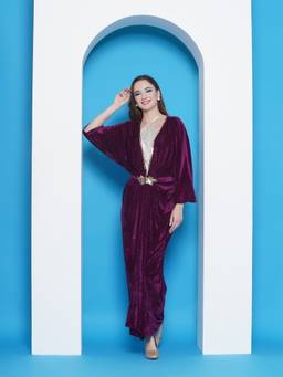Jhambthread - Women Wine Velvet Gown with Silver Halter Neck Inner